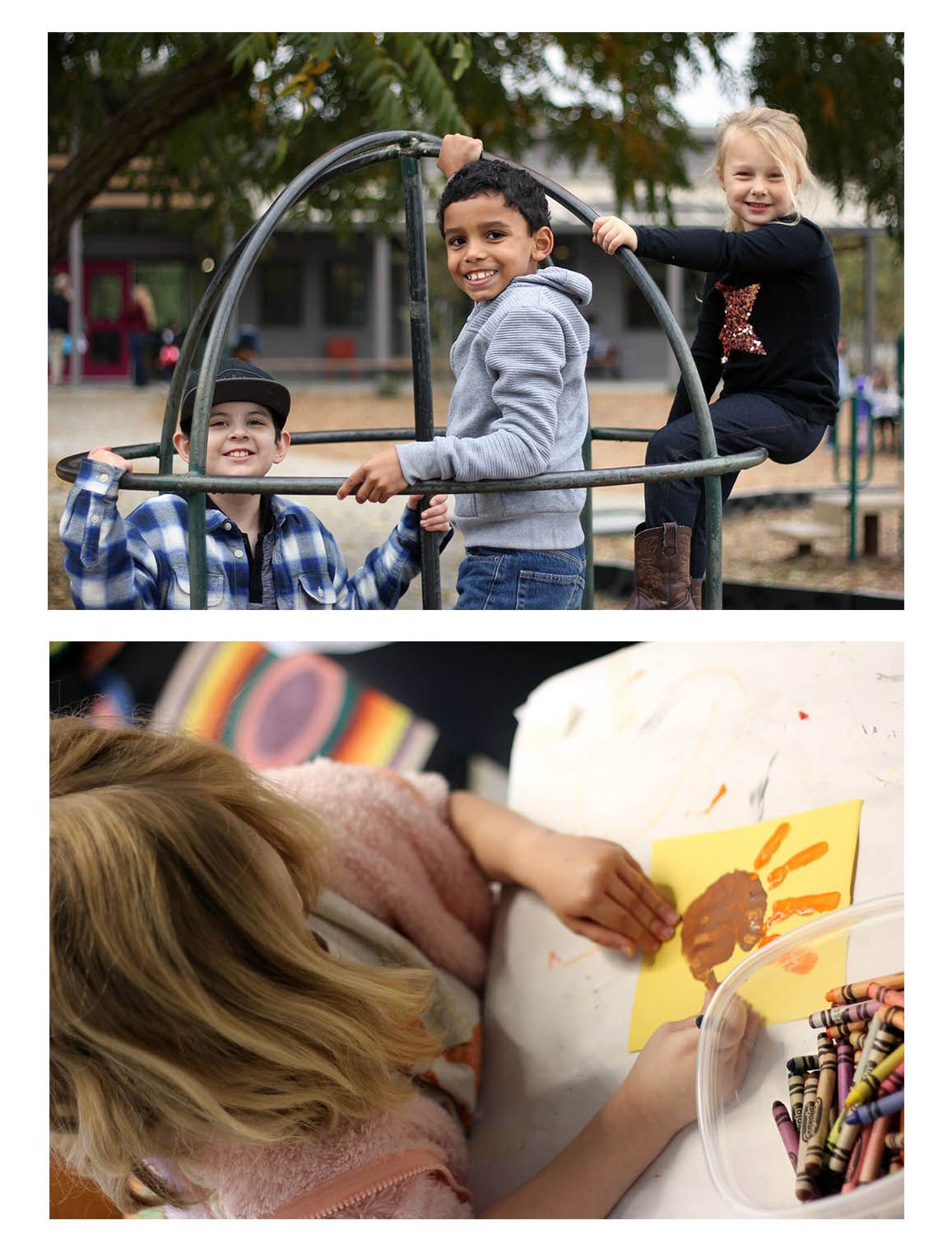 Children playing during school break and little girl doing art work